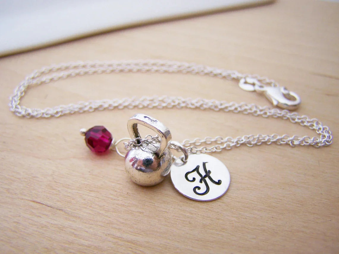 Kettlebell Necklace – Sterling Silver with Birthstone & Initial Charm