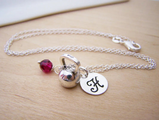 Kettlebell Necklace – Sterling Silver with Birthstone & Initial Charm