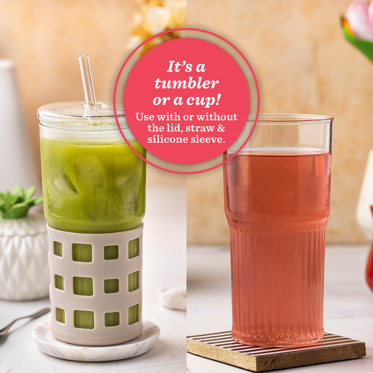 All Glass Juice Tumblers with Lid, Straw & Silicone Sleeve - 2 Pack Set, 20 oz