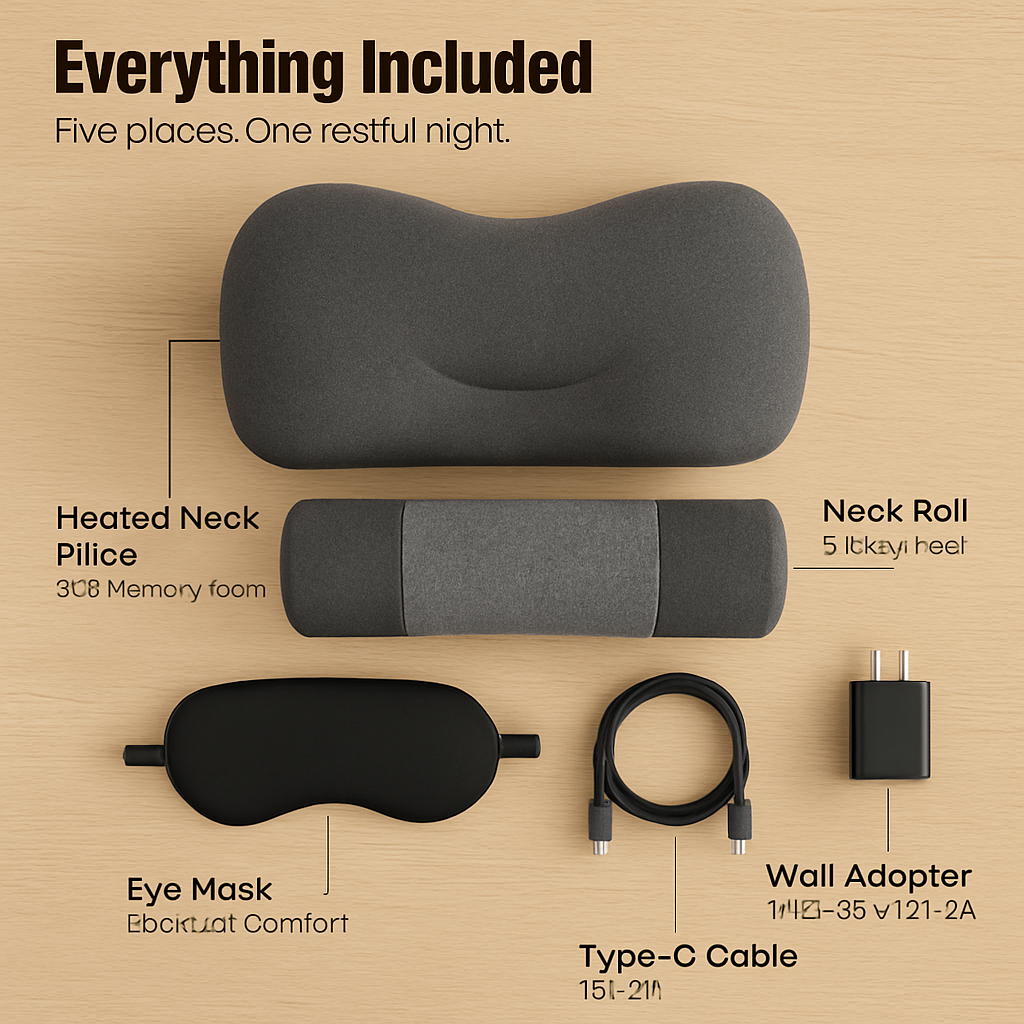 USB Heated Neck Pillow Zero Pressure Memory Foam Cervical Neck Pillow Heated Bed Pillow with Eye Mask Adapter for Pain Relief